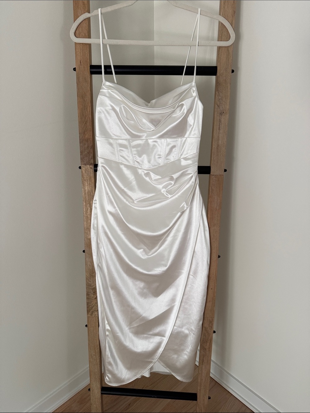 Windsor White Satin Cowl Midi Dress with Spaghetti Straps